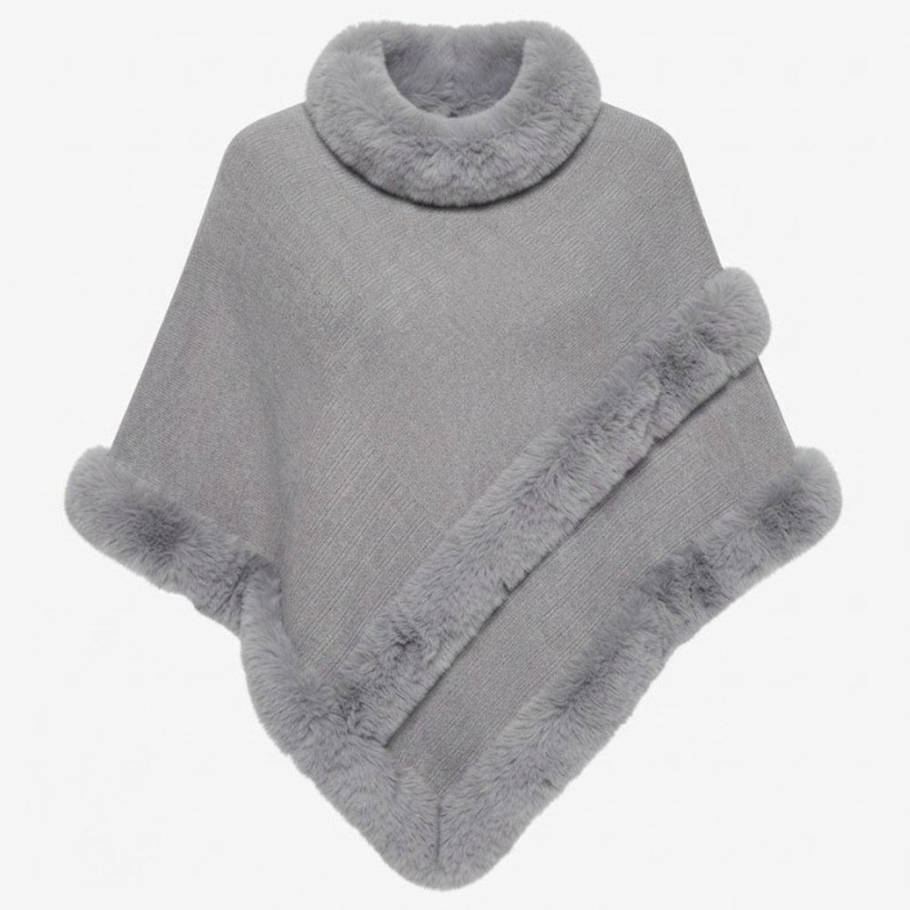 NEW Le Moda Womens Gray Faux Fur Trim Poncho Knit Cape One Size